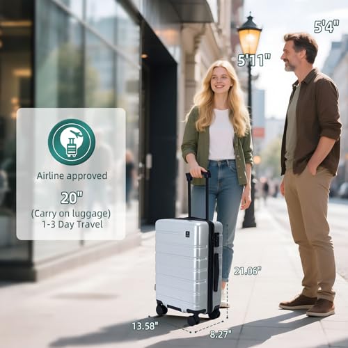 Image of Carry on Luggage, PC Hard Shell Suitcase 22x14x9 Airline Approved TSA Lock YKK Zippered Double Spinner Wheels Lightweight Suitable for Men and Women, 20 Inch Silver