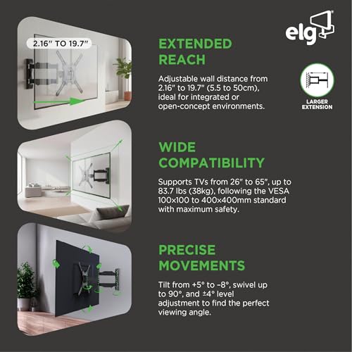 Image of ELG Full Motion TV Wall Mount for TVs 26'' to 75'', Holds up to 83.8 lbs, Articulating Arms, Swivel, Tilt, Extension, Max VESA 400x400mm, A02V4N, Steel, Black
