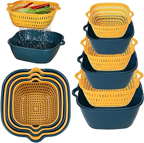 Linbonio 6 Pack Vegetable Basket, 2 in 1 Drain Colander Colander Set, Strainer Basket for Draining Fruit Vegetable Noodles