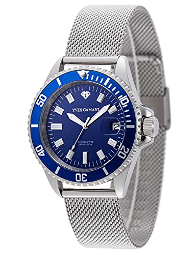 Preisvergleich Produktbild YVES CAMANI ANWEN Quarz Armbanduhr Analog silbernes Milanaisearmband blaues Zifferblatt YC1065-C-686