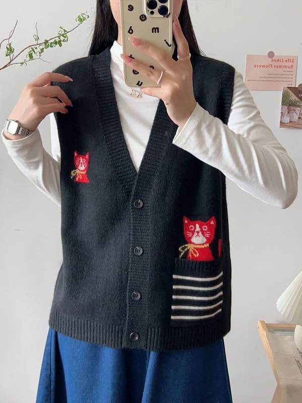 Image of CORIRESHA Girl Cute Cat Rabbit Embroidered Sweater Vest Button Sleeveless Knit Cardigan