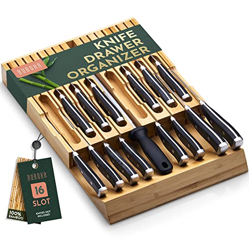 High-Grade 100% Bamboo Knife Drawer Organizer - 16 Knife Slots Plus A Sharpener Slot, Knife Organizer For Kitchen Organization, Durable, Secured, Practical, Eco-Friendly, Knife Block Without Knives. #TOP4