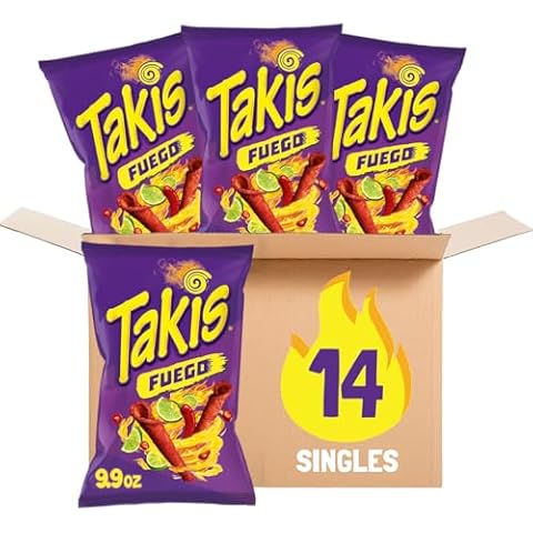 Takis Fuego 14 ct, 9.9 oz Sharing Size Case, Hot Chili Pepper & Lime Flavored Extreme Spicy Rolled Tortilla Chips Cover
