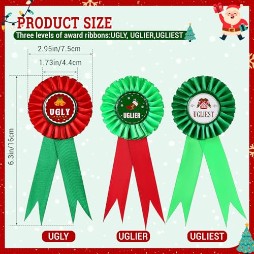 Knitgrip 3 Pieces Christmas Ugly Sweater Award Ribbons Green and Red Ugly Sweater Contest Awards 1st 2nd 3rd Place Medals for Christmas Holiday Ugly Sweater Party - Thumbnail 2
