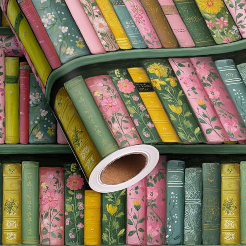 UNTROCHU Bookshelf Floral Wrapping Paper Roll - Pink Flowers Various