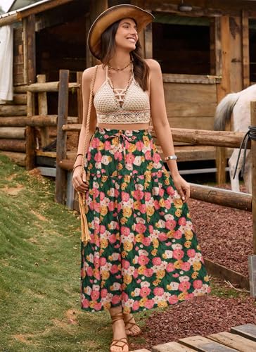 Womens Maxi Casual Loose Skirt with Floral Pattern Drawstring Waist for Summer4