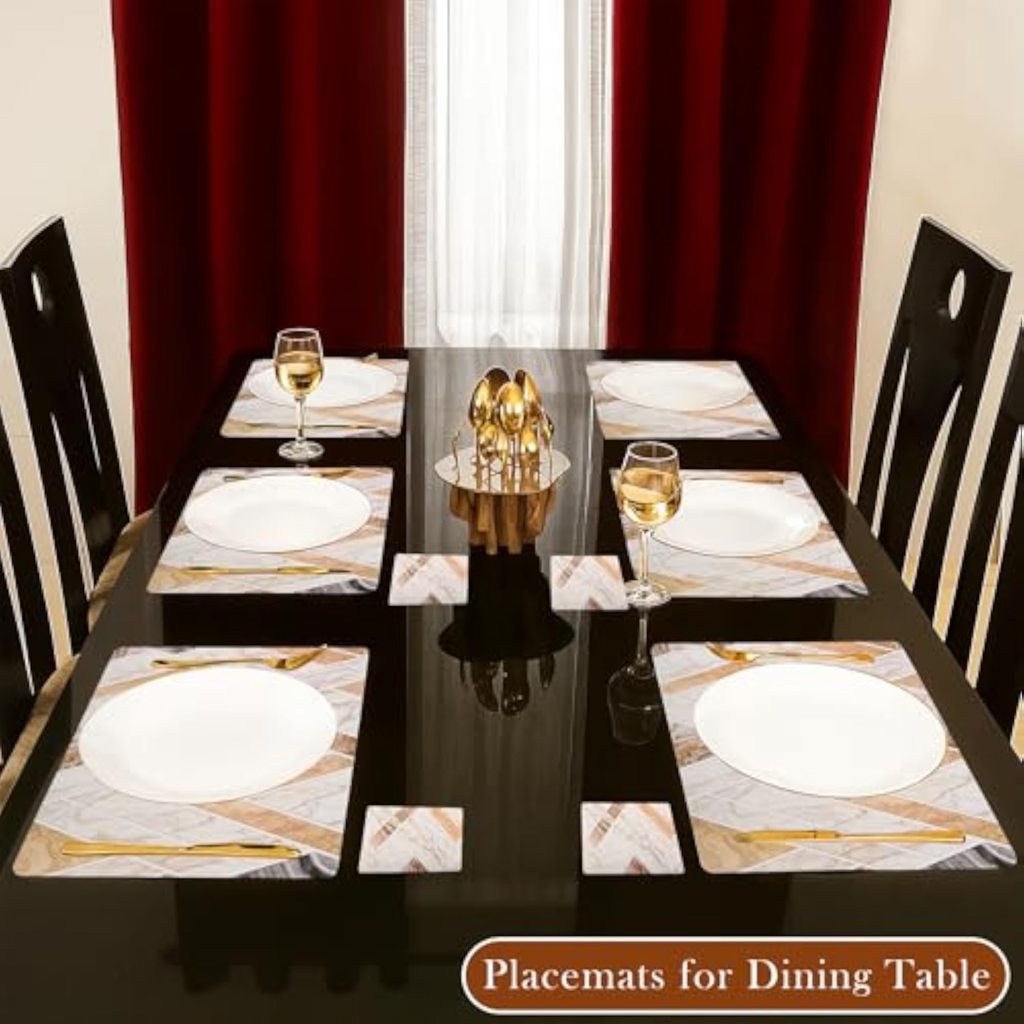 Set of 6 PVC Table Mats with Coasters, Milky Marble Design