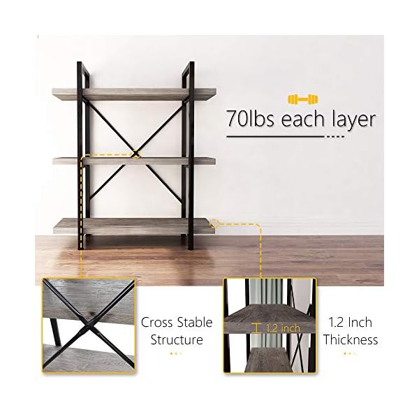 45MinST Vintage Industrial Style Bookcase/Metal and Wood Bookshelf Furniture for Collection，Grey Oak 3/4/5 Tier - Image 4