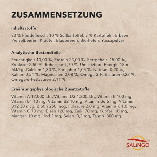 SALiNGO Premium Hundefutter Trocken 15kg Getreidefrei mit 83% Fleischanteil - Hypoallergenes Trockenfutter für Hunde, Hundetrockenfutter 15kg, Pferd & Süßkartoffel, Single Protein - Made in Germany