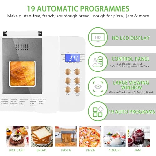Bread Machine Dual-Heaters, 19-in-1 Horizontal Bread Maker, Gluten Free, Sourdough, Pizza Dough, Jam, Stir-Fry Setting, Stainless Steel, 2LB Loaf, 3 Crust Colors, Nonstick Pan, Auto Keep Warm… image 4