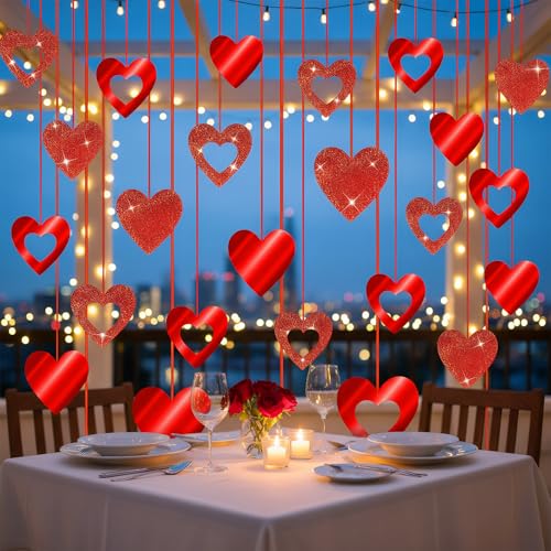 40 guirnaldas de corazón con purpurina roja con forma de corazón, guirnalda colgante de techo, para San Valentín, Navidad, boda