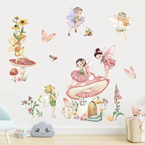 wondever Fairy Mushroom Wall Stickers Flowers Butterfly Elf Peel and Stick Wall Art Decals for Girls Bedroom Kids Room Baby Nursery - Image 3