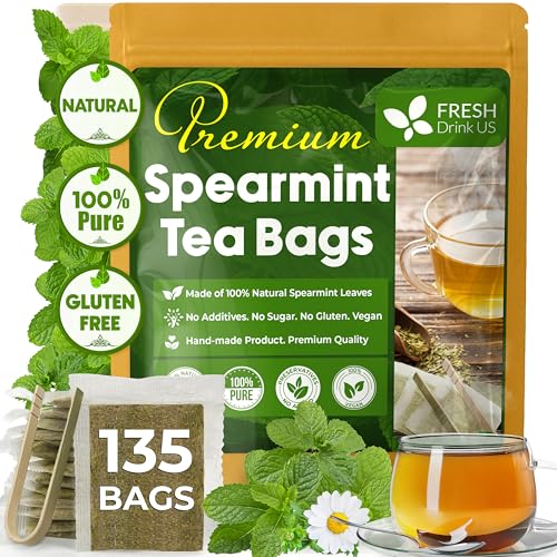 Image of FreshDrinkUS, Premium 135 Spearmint Tea Bags, 100% Natural & Pure from Spearmint Leaves. Loose Leaf Spearmint Herbal Tea. Made with Natural Material Tea Bags. No Sugar, No Caffeine, No Gluten, Vegan.