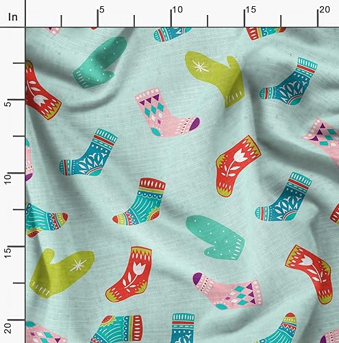 Image of Soimoi Green Heavy Satin Fabric Socks & Gloves Folk Art Print Fabric by Meter 54 Inch Wide