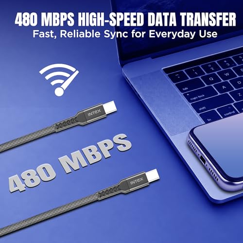 Image of Intex Speed Max 65W Fast Charging Braided Type C to Type C Cable, 480Mbps, Trangle Free, Data Sync Cable Compatible For Laptop, BT Speaker, Mobile, Tablet, TWS & Other Type C Devices- Black