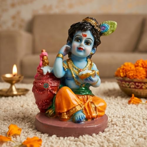 Image of Bal Gopal Baby Krishna Idol with Makhan Matki & Flute | Makhanchor Murti for Home Temple | Kanha Ji Thakur Ji Statue, Handcrafted Marble Dust Krishna Showpiece for Pooja Room, Janmashtami Gift (10 cm)