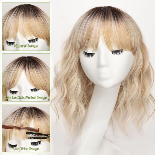 Image of AISI HAIR Curly Bob Wig with Bangs Short Wavy Ash Rooted platinum blonde and warm honey highlight Wigs for Women Bob Style Synthetic Heat Resistant Bob Wigs