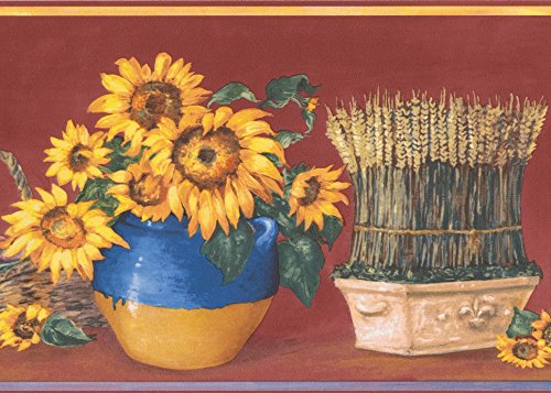 Sunflower and Greens in Pots Cherry Red Floral Wallpaper Border Retro Design, Roll