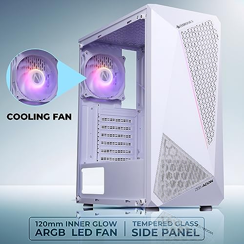 Image of ZEBRONICS Agon Mid-Tower Premium Gaming Cabinet - White, ATX /M-ATX /M-ITX, 1 x 120 mm RGB Inner Glow Rear Fan, LED Strip with Control Switch, Tempered Glass Side Panel, USB 3.0, USB 2.0 (White)