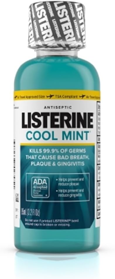 Listerine Cool Mint Antiseptic Mouthwash for Bad Breath, Travel Size 3.2 Ounces - Case of 24