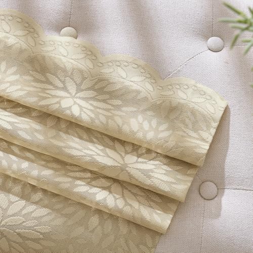 Image of MIULEE Vintage Floral Scalloped Lace Curtains 2 Panels, Beige 52 inch W x 36 inch L | Victorian Decorative Design, Semi Sheer Curtains, Pretty Cafe Short Tier Panels, Lace Small Drapes for Kitchen