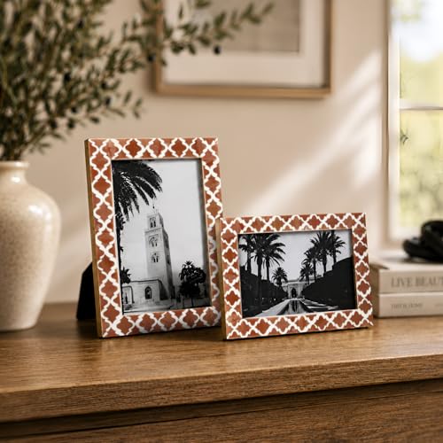 Image of Handicrafts Home Brown & White Vintage Photo Frames for Wall or Tabletop Display, 4x6 Picture Frame Set of 2,Boho Farmhouse Gallery Wall Frame Set, Artisan Handmade Home Decor, Handmade Moroccan Frame