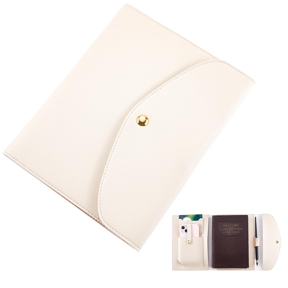 CRASPIRE A5 Leather Notebook Cover with Card Slots Waterproof Off White PU Envelope Folder Business Briefcase Envelope Folder Leather Portfolio Organizer for Notepad Phone Cards