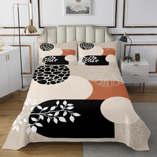 Manfei Boho Summer Vintage Bedspread Twin Size Tropical Palm Leaves Simple Botanical Bedding for Kids Teens Geometric Grids Patchwork Bohemian Beige Coverlet Set Quilt Set for All Season,2 Pcs