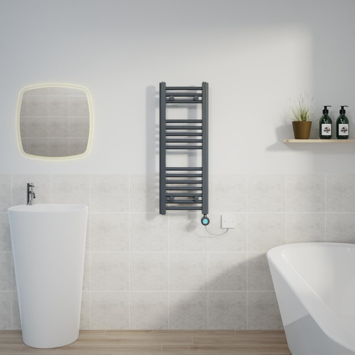 Warmehaus Anthracite Electric Heated Towel Rail Curved Thermostatic Bathroom Towel Radiator With Timer - 800X300mm 400W