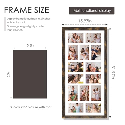 Image of DUENPY 14x30 Picture Frame 4x6 Collage Picture Frame Displays Fourteen 4x6 inch Photos Collage Wall Decor Wall Hanging Brown