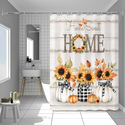 Tijuboni Fall Sunflower Pumpkin Shower Curtain, Farmhouse Home Sweet Home Bathroom Decor, Rustic Maple Leaf Waterproof Fabric Curtain for Harvest Thanksgiving Gifts 72x72 Inch by Tijuboni - Used condition - Image 4
