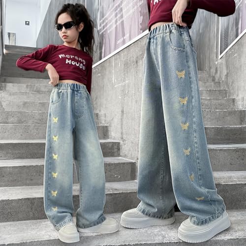 Baggy Jeans for Girls Embroidered Butterflies Adjustable Waist Wide Leg Pants Y2K Cute Jeans for Girls Distressed Washed2