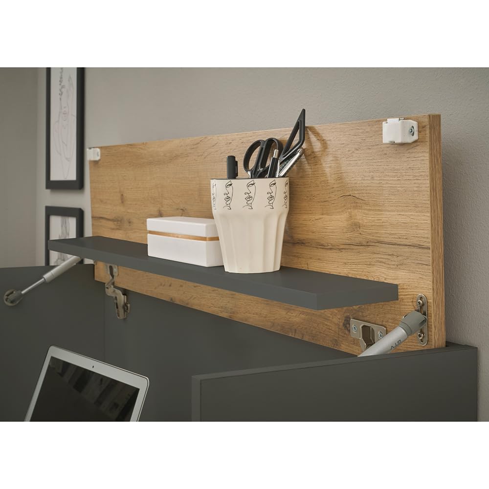 Lomadox Homeoffice Set anthrazit mit Eiche 2-teilig modern, 1 Sekretär, 1 Hängeschrank