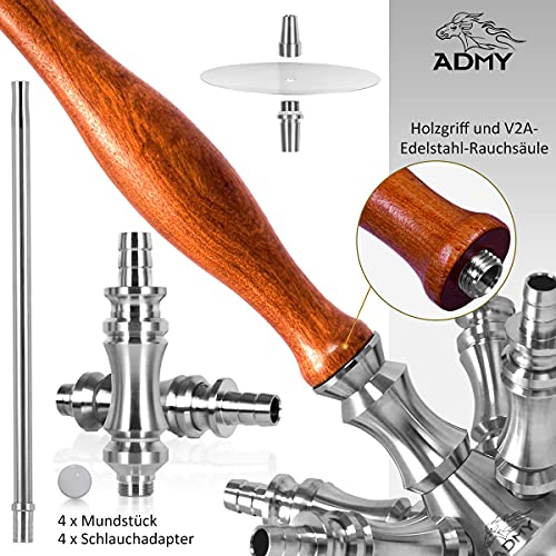 ADMY Shisha Set, Edelstahl V2A 95cm Hookah Komplettset Wasserpfeife mit 4 Anschlüssen | Aluminium Molassefänger | Holz… – Bild 4