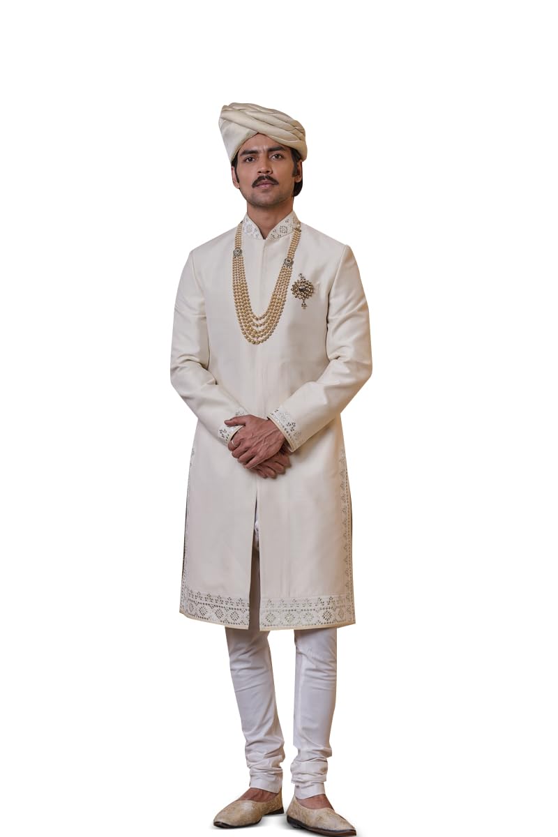 Ivory Sherwani With Fine Thread and Gota Work For Men-image-47