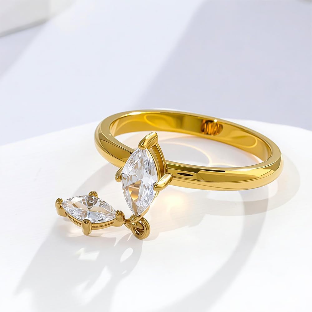 OIDIMS Dangling CZ Crystal Rings for Women Gold-Tone Plated Stainless Steel Trendy Geometric Teardrop Stackable Finger Band Promise Eternity Statement Ring Minimalism Wedding Cocktail Party Jewelry