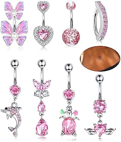 8er Set Bauchnabelringe Mit Herz & Schmetterling - Rosa Opal Steine