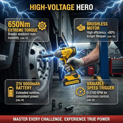 Image of XLNT 21V Brushless Impact Wrench 650Nm High Torque | 1 /2 inch Cordless, 2x10Ah Batteries | 0-2700 RPM, Cr-Mo Sockets, Bits, LED Light | Professional Automotive Heavy Duty Workshop