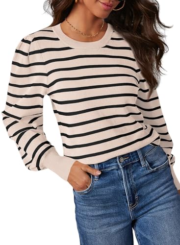 Dokotoo Women's Striped Sweaters Puff Long Sleeve Crewneck Ribbed Knit Pullover Jumper Tops