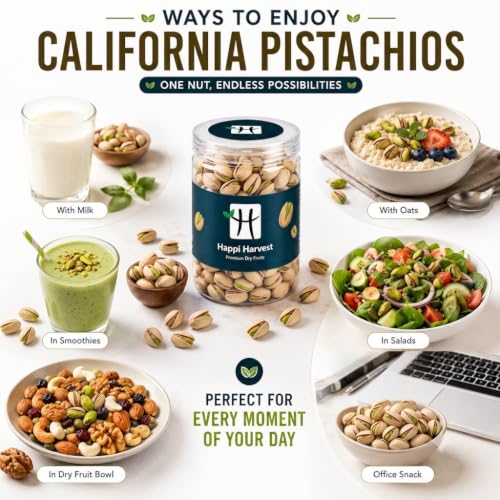 Image of Happi Harvest Premium California Roasted & Salted Pistachios 400g (200g X 2) | Healthy Snacks, Dry Fruits, Pista | Tasty & Healthy | High in Protein & Dietary Fiber | Low Calorie Nuts