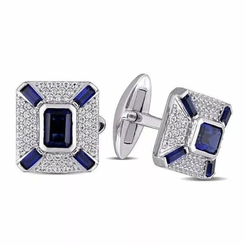 Gemelos de hombre con zafiro azul y diamante 14K plata miniatura 1