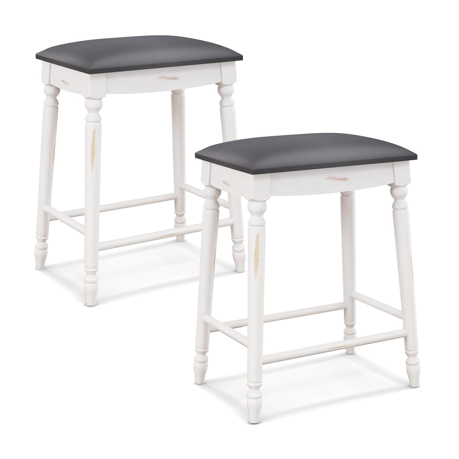 COSTWAY Upholstered Bar Stools Set of 2, 24-Inch Backless Counter Height Dining Stools with Delicate Wood Carving, Footrest, Solid Rubber Wood Frame,