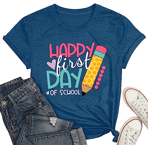 Camiseta primer día de escuela para mujer cómoda contra el calor azul M