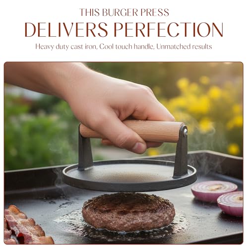 Image of Bellemain Heavy Duty Cast Iron Smash Burger Press 7 inch Round Grill Press for Cooking Burgers, Bacon, Sandwiches, Steak, BBQ, Ground Beef, Meats, Sausages, and So On