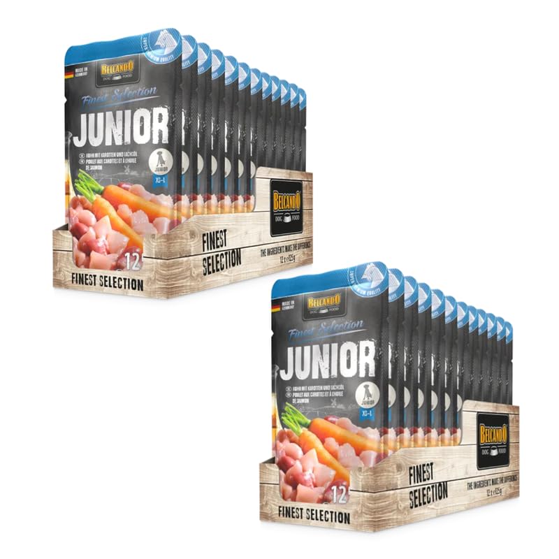 Belcando Finest Selection Junior Huhn mit Karotte | Doppelpack | 2 x 12 x 125 g | Feuchtnahrung für Hunde | Für Sensible oder wählerische Junge Hunde | Kalt gresstes Lachsöl