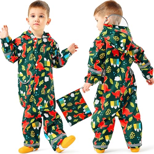 Baogaier Impermeables para Niños Chubasqueros Chaquetas Ligero Capa de Lluvia Encapuchado Mono de Bolsillo Estampados Reflectante Abrigos Impermeable Ropa Niños 7-9 años, Dinosaurio Verde