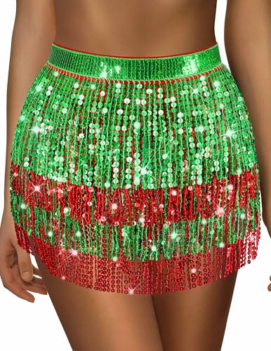 Sarfel Christmas Skirts for Women Sexy Elf Costume for Women Elf Skirt Christmas Costume for Womens Red and Green Glitter Skirt