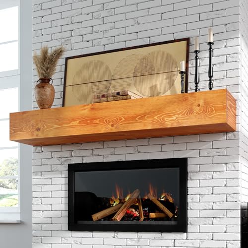 Image of Floating Mantel Shelf - Wood Fireplace Mantel, Wall-Mounted, Weight Capacity 60lbs, 72 X 9 X 6 inch, Oak