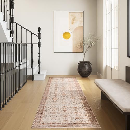 Vintage 2x6 Washable Runner, Low-Profile Kitchen Runner Rug with Non-Slip Backing & Durable Edge Binding, Pet-Friendly Entryway Rug for Bedroom & Hallway
