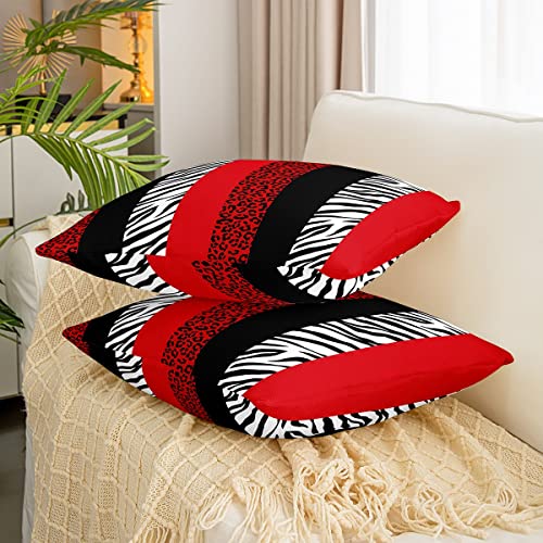 Leopard Print Soft Square Cushion Case Cover 18"X18" Set Of 2,Zebra Skin Texture Pillow Cover Room Decor,Geometric Stripe Fashion Black Red Reversible Print Throw Couch Sofa Pillow Cover #TOP2